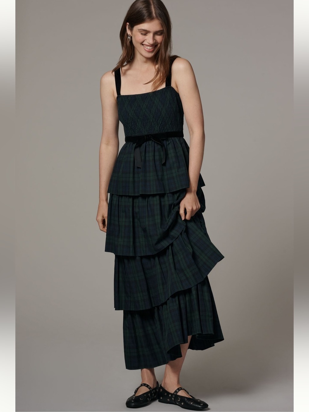 Saylor Square-Neck Tiered Plaid Maxi Dress - Size S - BNWT